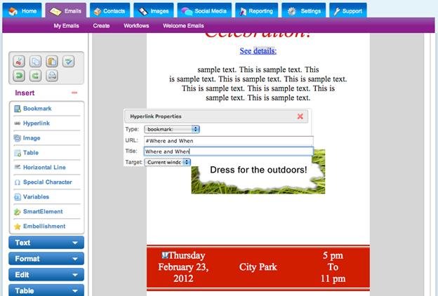 Add bookmarks using email template designer screenshot  