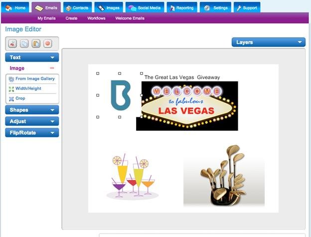 The image dropdown box allows you to add or adjust layers that contain images. Edit image using email template designer screenshot